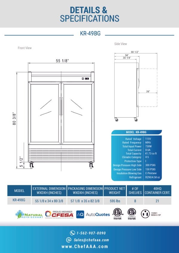 Chef AAA - KR-49BG 55" 2 Glass Door Reach-in refrigerator 40.72cu.ft NSF - Image 3